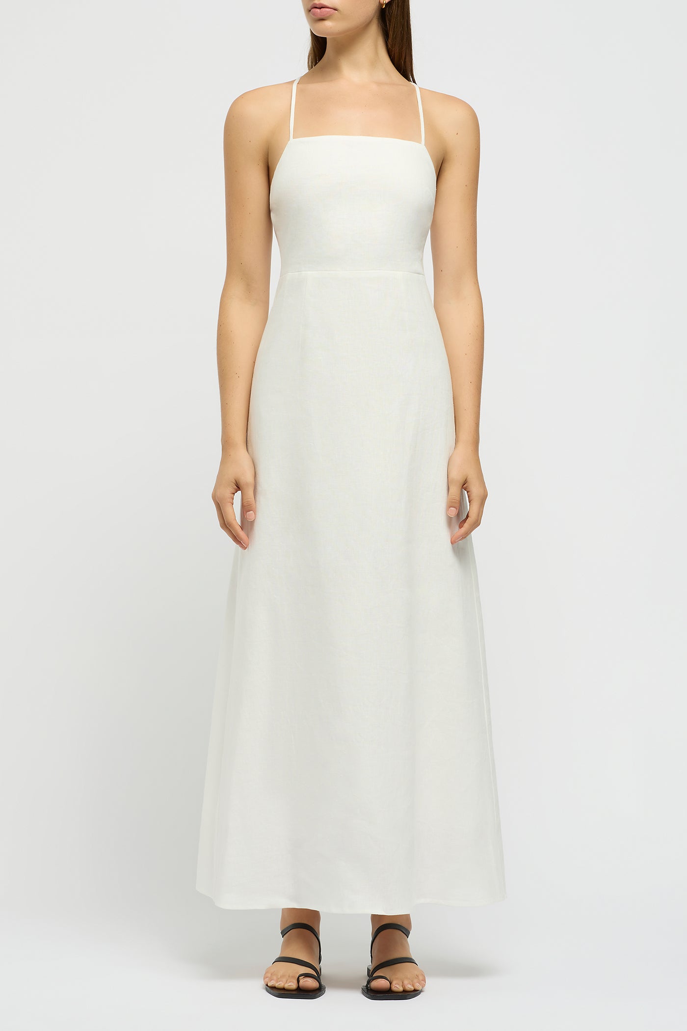 white midi dress tie back The Linen Tie Back Midi Dress