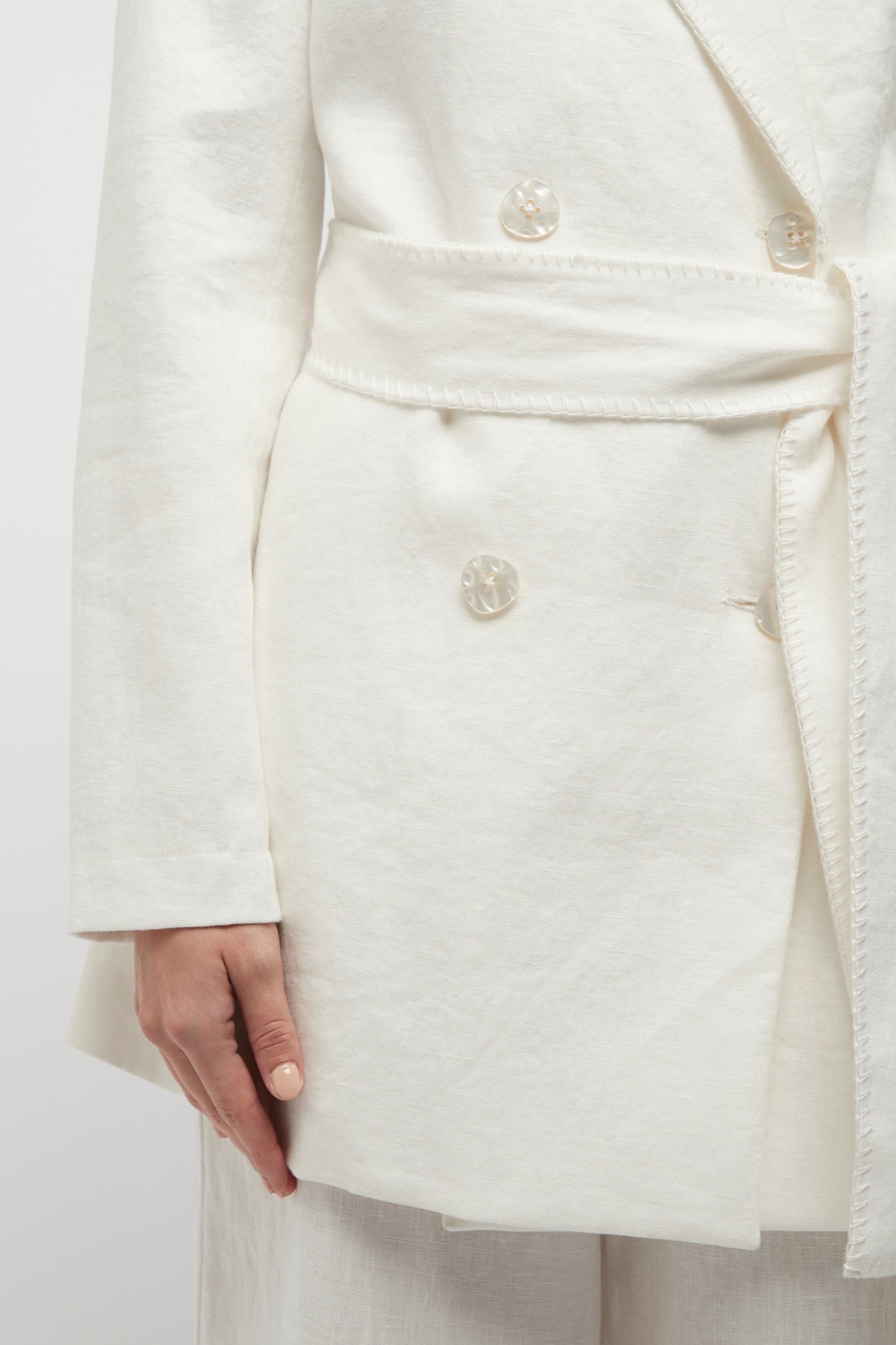 The Linen Blanket-Stitch Wrap Blazer