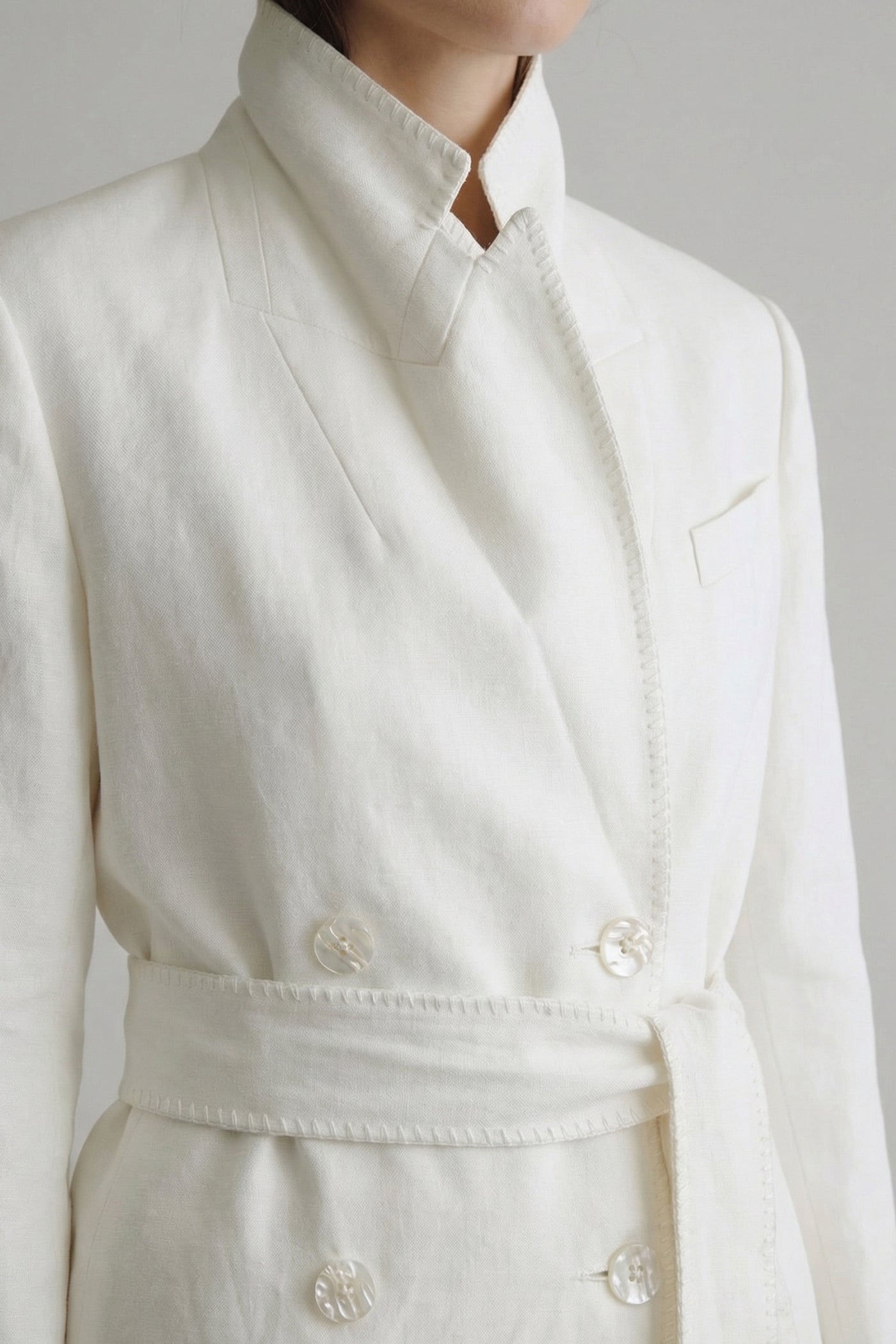 The Linen Blanket-Stitch Wrap Blazer